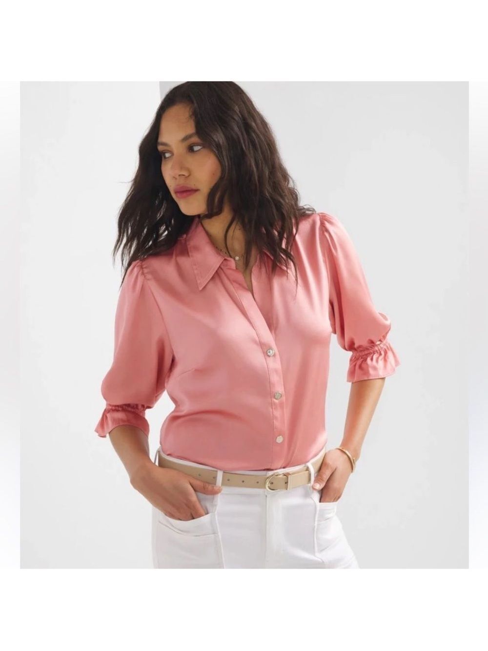 WHBM XL Coral Pink Elbow Ruffle Sleeve Button Satin Shirt
